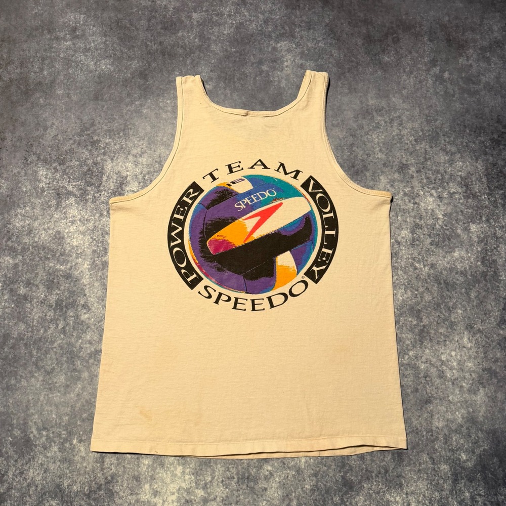 Vintage Speedo Power Team Volley Tank Top Mens Large Beige Graphic Made in USA